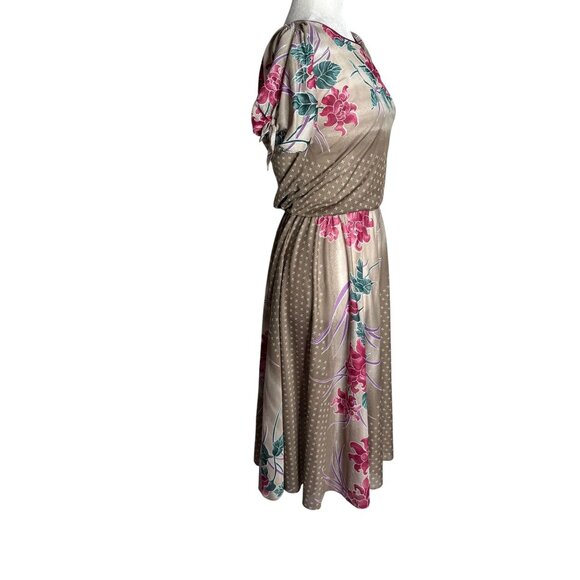 Vintage 80s Floral Short Sleeve Dress Small Slightly Sheer Tie Sleeves Elastic - Picture 5 of 8